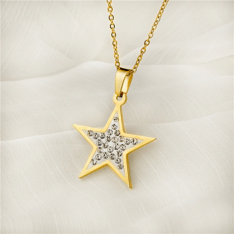 Top Quality Women Fashion Jewelry Necklaces Stainless Steel Star Pattern Crystal Pave Charm Korye Bijoux Femme | Украшения и