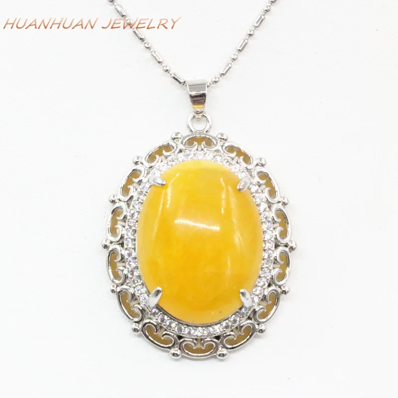 Stainless Steel Chain Pendant Necklace Women Zircon Inlay Natural Yellow Jades Stone Chalcedony Necklaces Pendants 28x35mm B3319 | Украшения