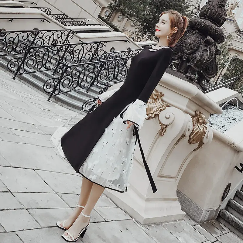 Женское Сетчатое платье LUOSHA осеннее с о вырезом и длинным рукавом фонариком