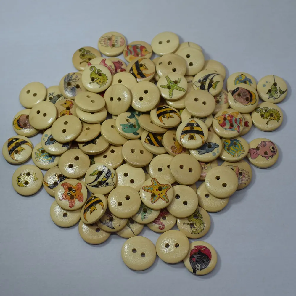 

100PCS Round Random Mixed Lovely Sea Animals 2 Holes Wood Painting Sewing Buttons Scrapbooking 15MM Wood Buttons Scrapbooking
