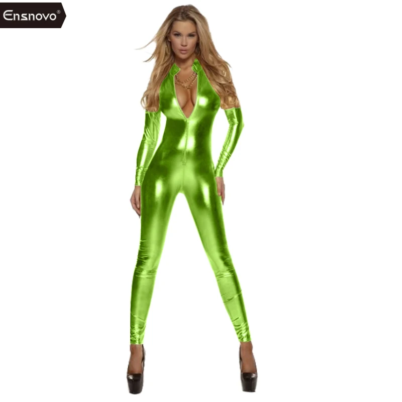 Apple Green Ensnovo для женщин спандекс лайкра нейлон Цельный блестящий красный металлик комбинезон на молнии спереди боди кожа черный облегающий женский костюм - Цвет: Apple Green