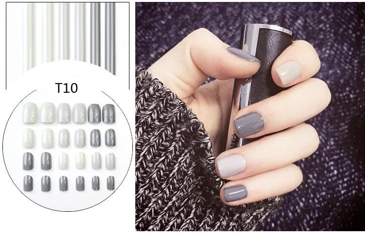 10 Миндаль поддельные ногти сплошной цвет прыжок Цвет Diy Дизайн ногтей 10 стиль средней длины наконечник аксессуар 24 шт серый поддельные ногти с клеем - Цвет: 10
