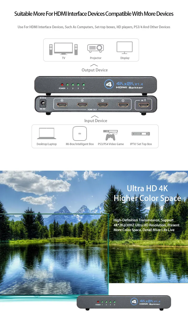 4 к 1 до 4 HD сплиттер с HDMI интерфейсом 3D эффект поддержка стек каскадные сравнить dtech DT-7144 для гигантский СВЕТОДИОДНЫЙ экран панели