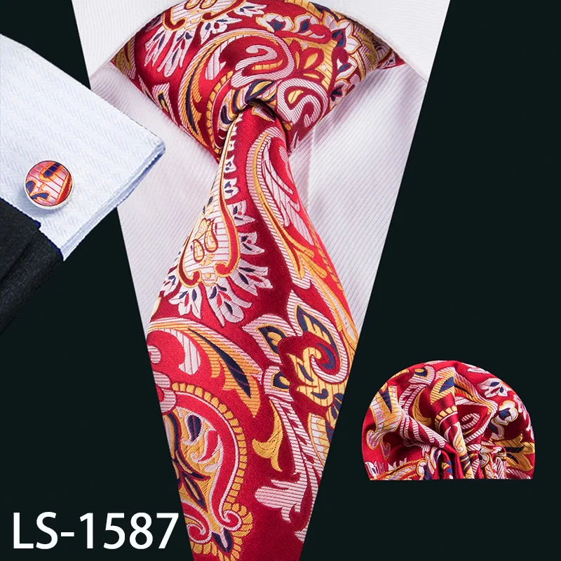 LS-1587 LS-704, мужской галстук, шелк, красный, в клетку, жаккардовый, тканый, свадебный галстук, Barry.Wang, Hanky, запонки, набор, галстук для мужчин, деловые, вечерние - Цвет: LS-1587