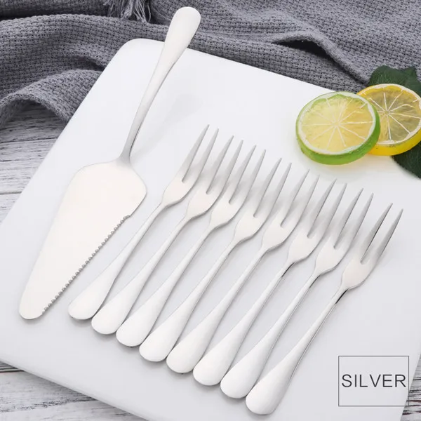 Silver 9pcs 9 шт. нержавеющая сталь торт вилки пирог комплект лопат используется для торта в вечерние Роскошные фиолетовые фрукты вилка набор мини-вилки для десерта - Цвет: Silver 9pcs