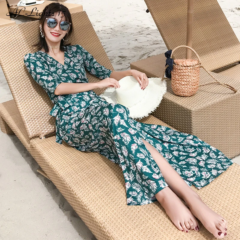 Boho Для женщин длинные Макси Платья Богемия v-образным вырезом Половина рукава