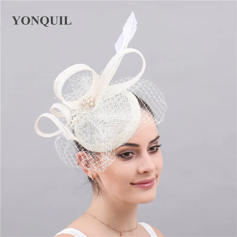 

Ladies Elegant Occasion Race Headwear Ivory Hats Sinamay Chapeau Bridal Veils Wedding Fascinator Accessory Women's Fedora Female