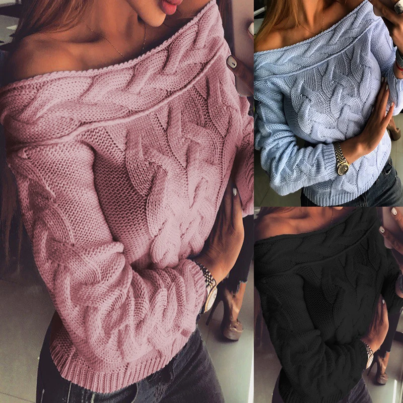 Winter Plus Size Korean Knitted Off Shoulder Streetwear Sweater Neck Long Sleeve Women Sweaters And Pullovers Knitwear | Женская одежда