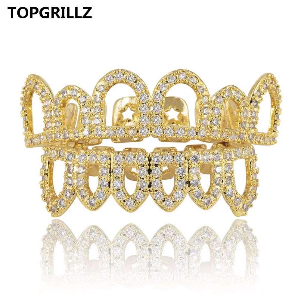 Топ и низ TOPGRILLZ в стиле хип хоп с золотым покрытием отверстиями фианитами микро