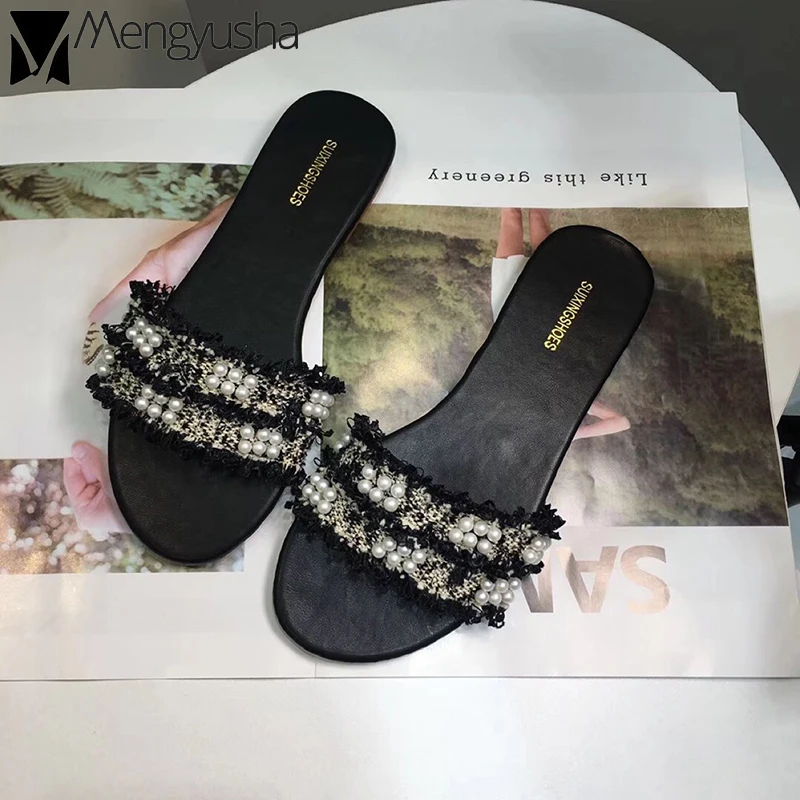 Роскошные дизайнерские тапочки с декором жемчуга Женская Нескользящая пляжная