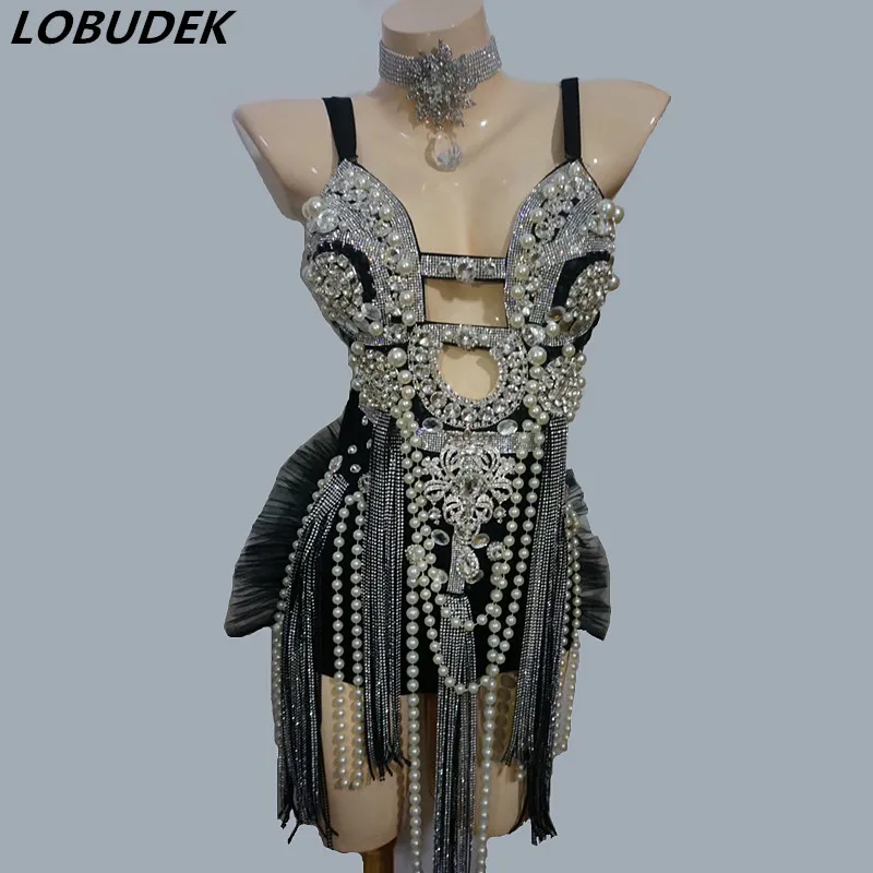 Сексуальная v образным вырезом блестящие стразы жемчуг с кисточками боди для