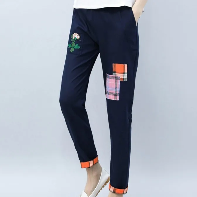 dark blue JKKUCOCO женские брюки с вышитыми цветами, в стиле пэчворк, с эластичной резинкой на талии, тонкие свободные прямые хлопковые льняные брюки, женские длинные винтажные брюки - Цвет: dark blue