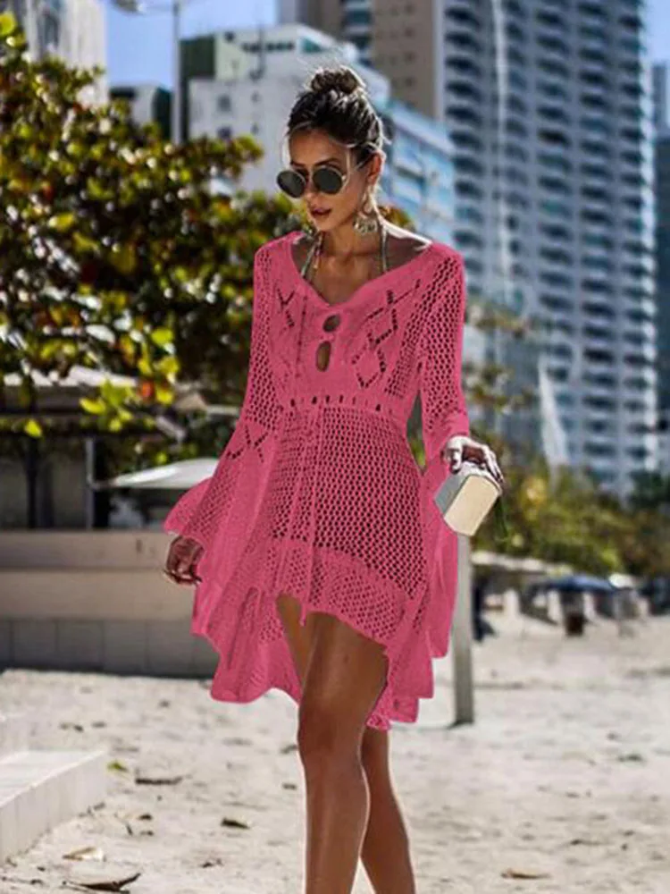 

2019 crochet white knitted beach cover up dress tunic long pareos bikinis cover ups swim robe plage beachwear blouse dress