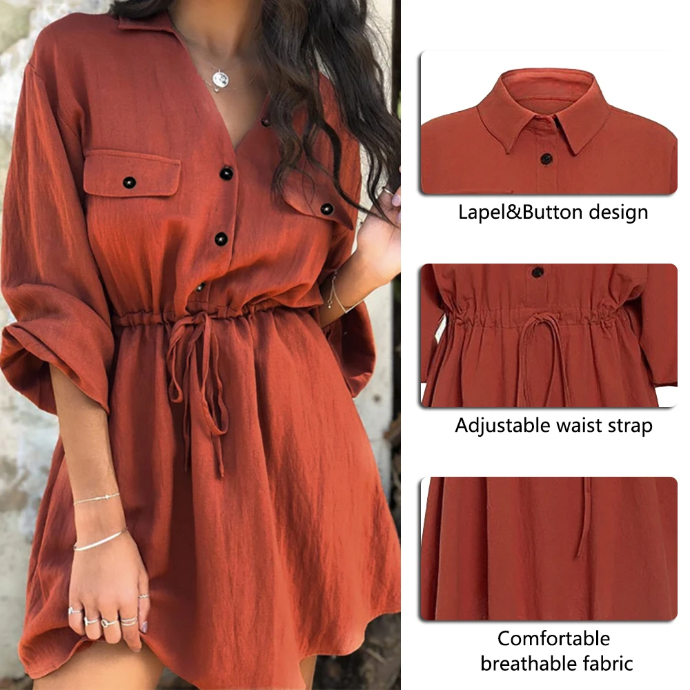 Women Fashion belt dresses linen short shirt dress Long sleeve cotton dress buttons female vestidos Faldas Mujer