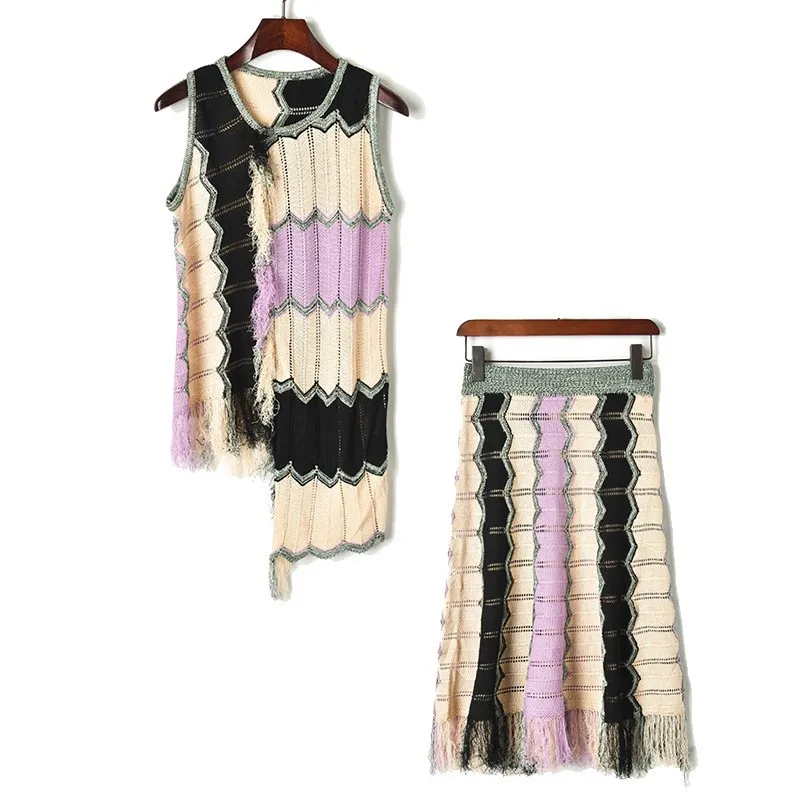 Вязаный женский комплект из 2 предметов 2019 асимметричный полосатый топ с