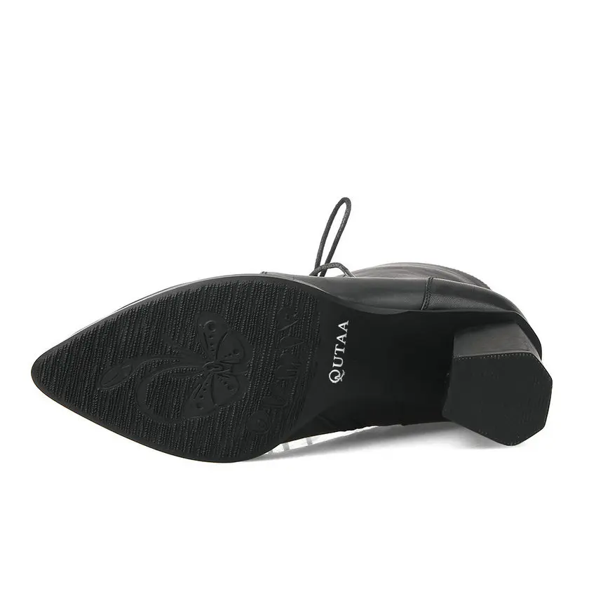 Женские ботинки на шнуровке QUTAA черные однотонные из натуральной кожи и