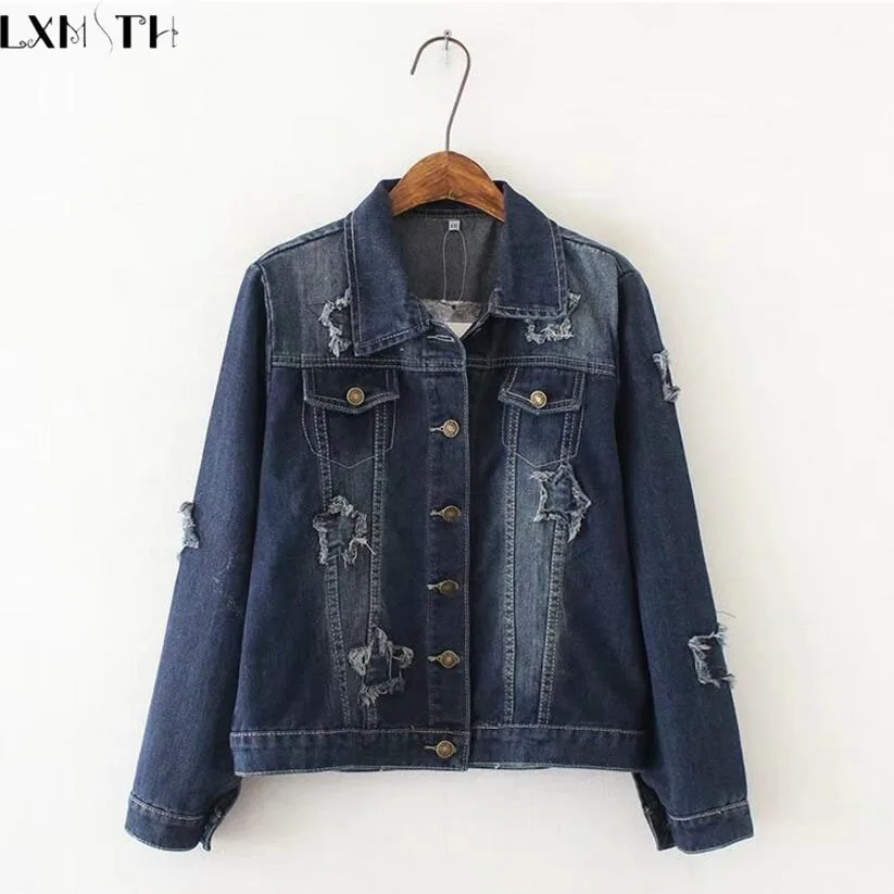 Женская джинсовая куртка с длинными рукавами LXMSTH 3XL 4XL 5XL Повседневная большого