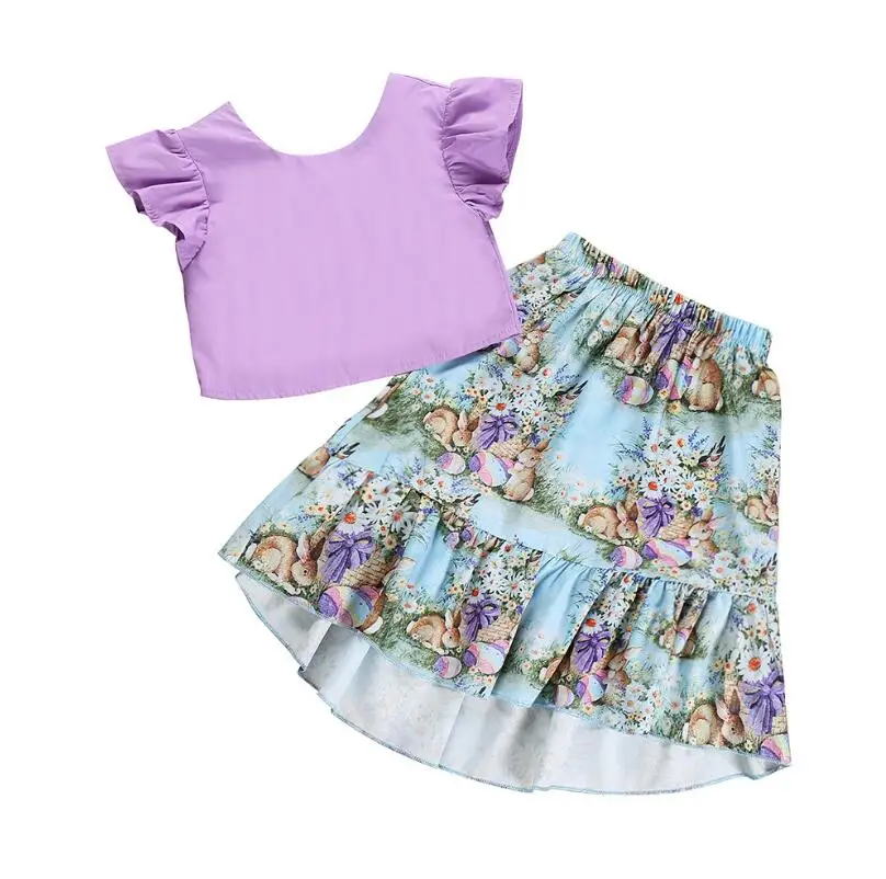Летние хлопковые модные комплекты для маленьких девочек фиолетовый топ + юбка с