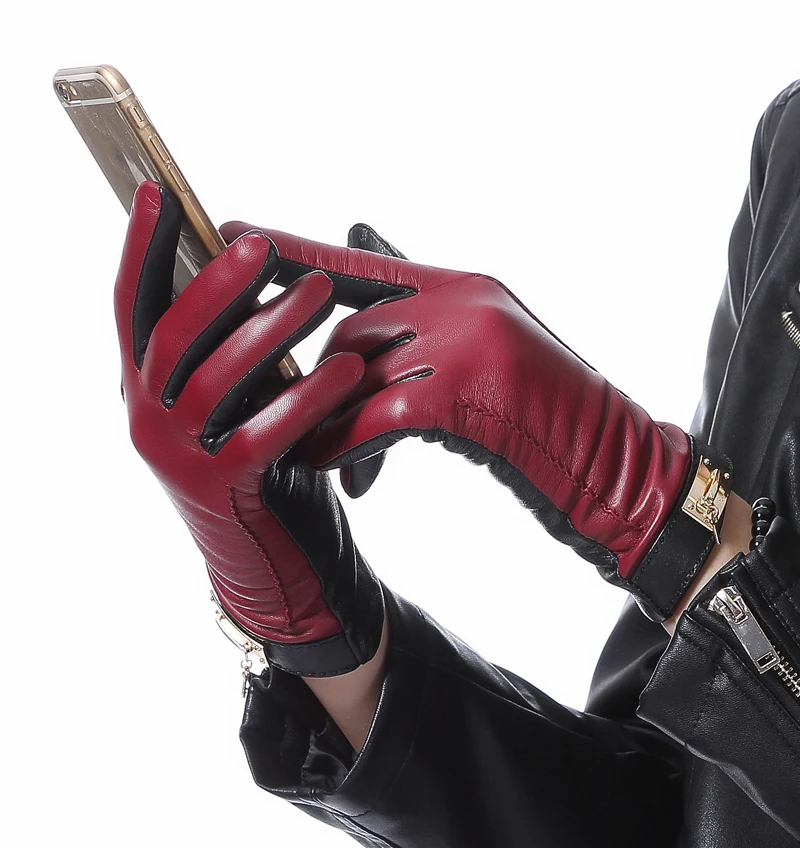 Женские модные зимние теплые комбинированные цветные кожаные перчатки с