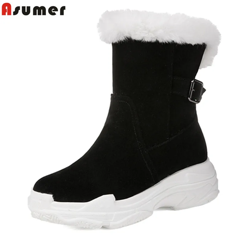 ASUMER/женские зимние ботинки с закругленным носком на молнии из флока толстым