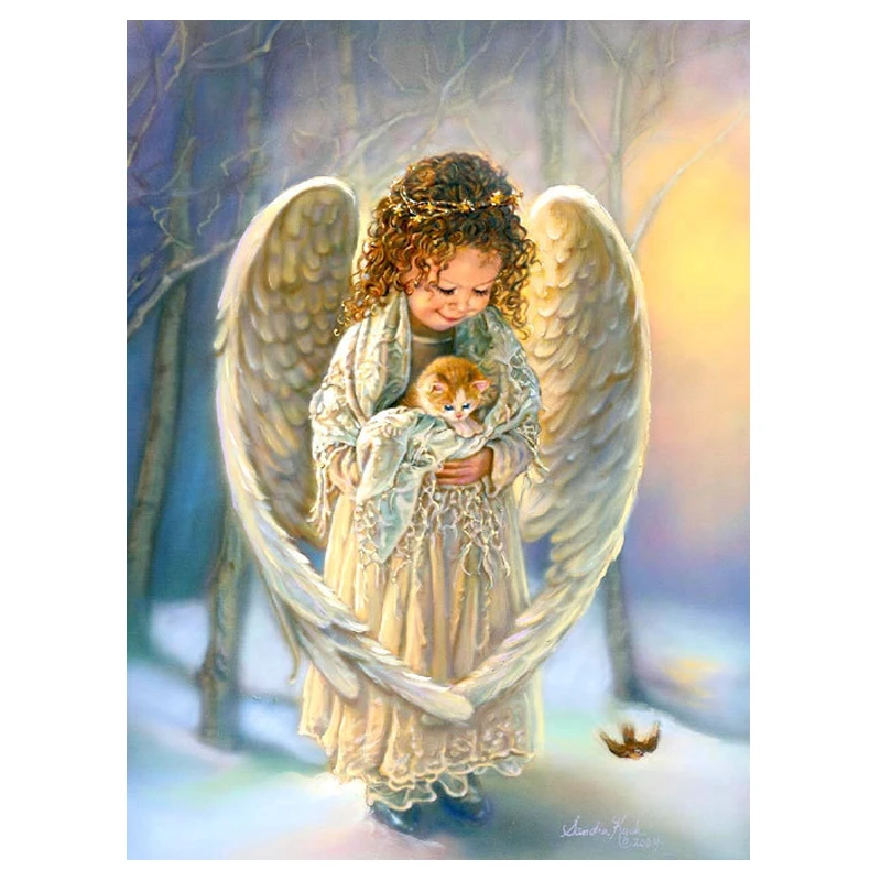 Алмазная мозаика Little Angel with Kitten вышивка крестиком из смолы квадратная круглая