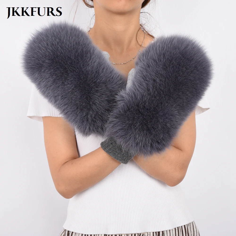 JKKFURS женская перчатка из натурального меха лисы Теплая Зимняя модный стиль
