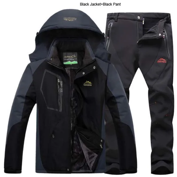 Black 5XL мужская зимняя куртка для скалолазания, лыжного спорта, брюки, костюмы для охоты, рыбалки, водонепроницаемые, треккинговые, мужские мягкие флисовые комплекты для путешествий - Цвет: Black