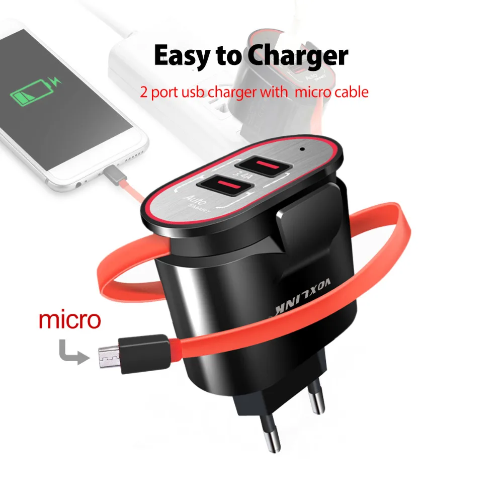 VOXLINK 2 порта USB зарядное устройство 5 В 3.4A Быстрая зарядка USB зарядное устройство с микро USB кабель для samsung huawei смартфон зарядное устройство