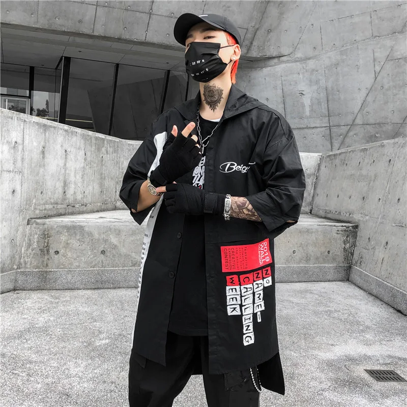 Ветровка мужская черный удлиненный жакет Джокера в стиле хип хоп 2019|Плащи и