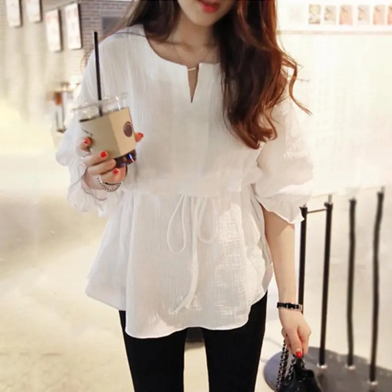 Korean Cotton Linen White Blouse Women Sweet Fashion Lace Up Summer Shirt Black Office Elegant Casual Basic Tops Ladies Blouses |