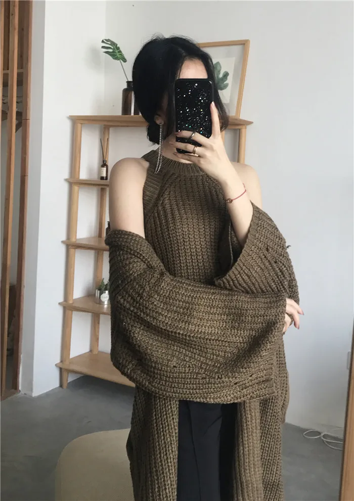 RUGOD корейский комплект из 2 предметов, короткий однотонный сексуальный жилет без рукавов и шикарный кардиган с расклешенными рукавами, свитер с открытой строчкой