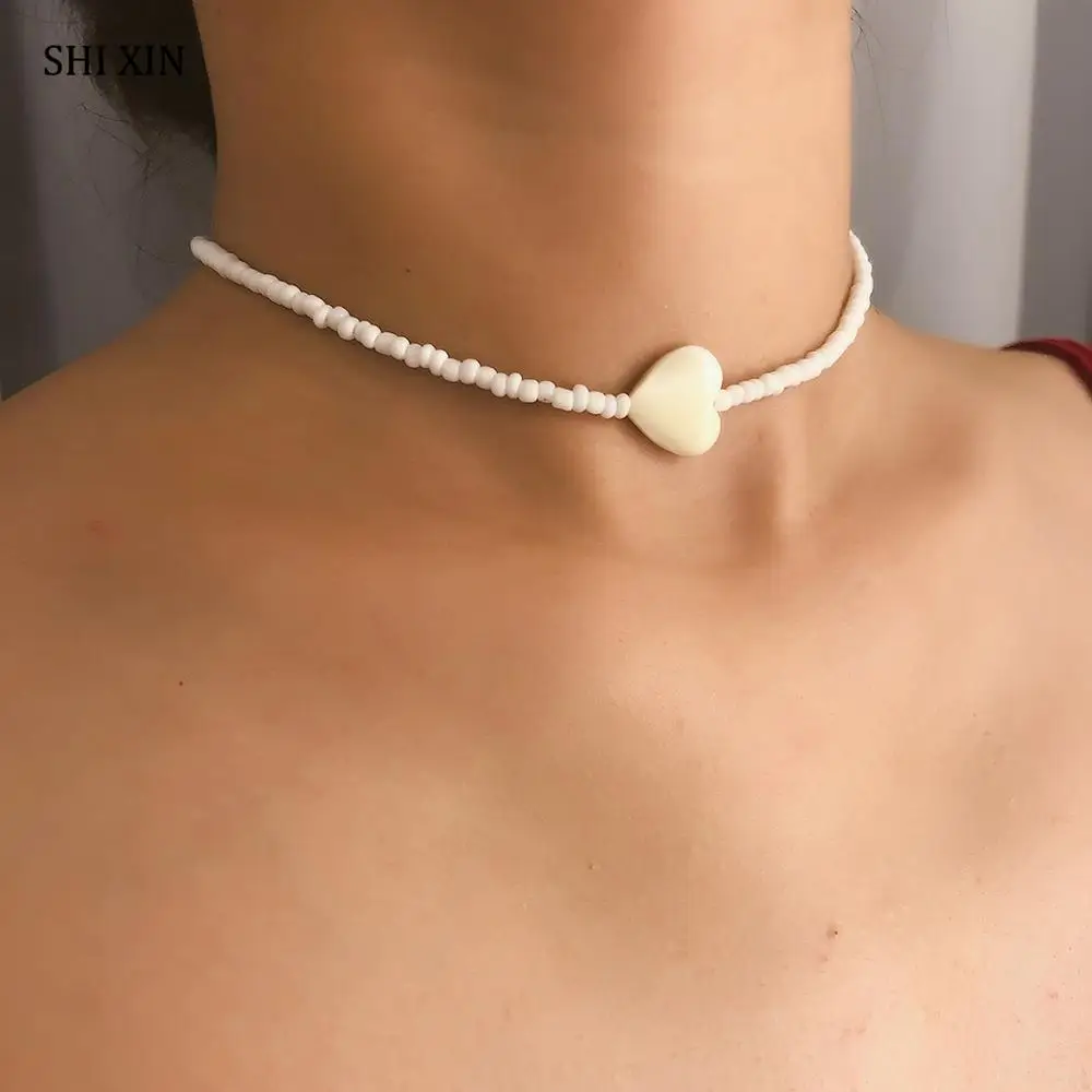 SHIXIN, простые бусины, чокер, ожерелье для женщин,, корейская мода, короткое сердце, чокер, ожерелье, женское украшение на шею, ожерелье