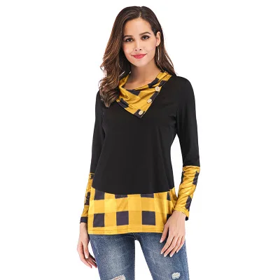 Yellow Большие размеры 4xl 5xl Женская Новая Осенняя Boho клетчатая печать синие Топы с длинным рукавом женская футболка Повседневная Женская свободного покроя футболка - Цвет: Yellow