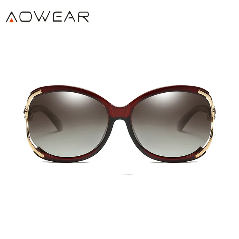 Brown Aowear Для женщин Поляризованные овальные Защита от солнца galsses Роскошный цветок камелии женский Защита от солнца Очки цветок кристалл украшения очки Óculos De Sol - Цвет линз: Brown