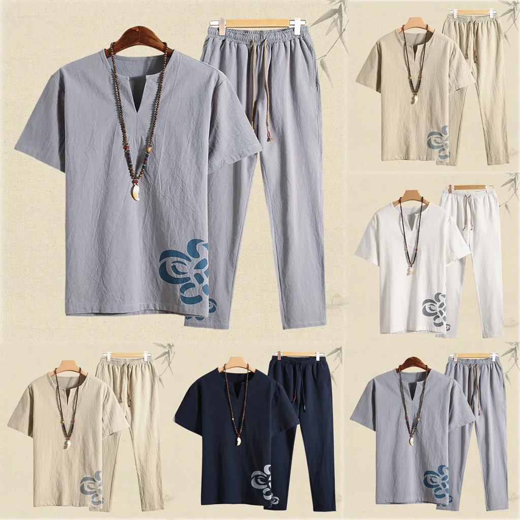 Новые мужские льняные комплекты из 2 предметов с v-образным вырезом и коротким
