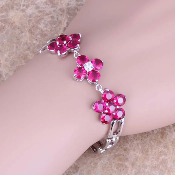 Чудесный Красный кубический цирконий посеребренный звеньевой браслет 7 - 8 дюймов