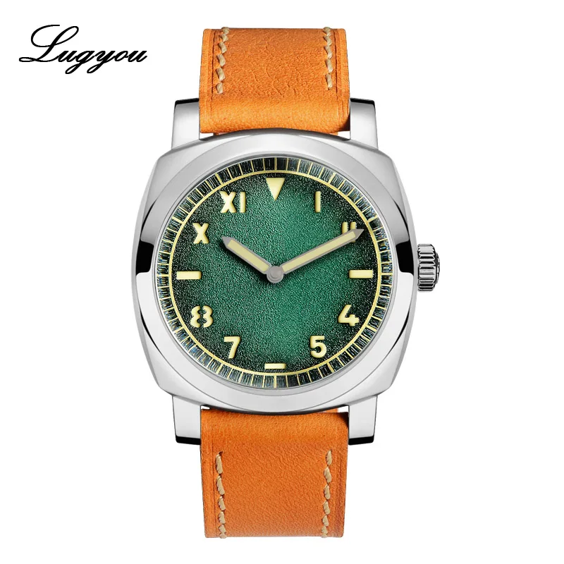 California Green Lugyou San Martin, автоматические мужские часы, винтажные, из нержавеющей стали, в форме подушки, кожаный ремешок, 200 м, водонепроницаемые, минеральные пузыри - Цвет: California Green