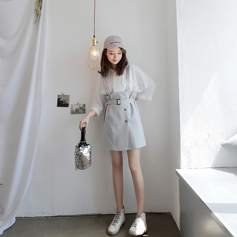 Весна осень элегантная юбка Женская высокая талия ремень Юбка Кнопка