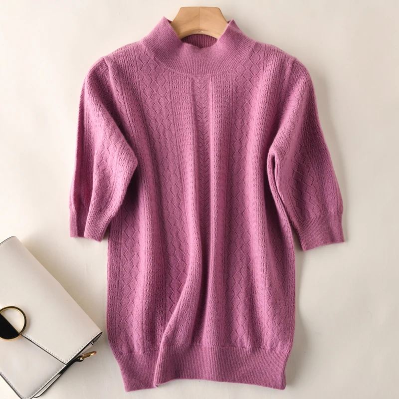 2019 New style Women's Knitted Half sleeve Sweater high collar Slim Solid 100% Wool color Pullover Free Shipping | Женская одежда