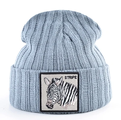 Gray Вязаные шапки бини для мужчин Осень Зима Skullies бини с вышивкой нашивка-Зебра модная вязанная шляпа для женщин хип-хоп Gorras - Цвет: Gray