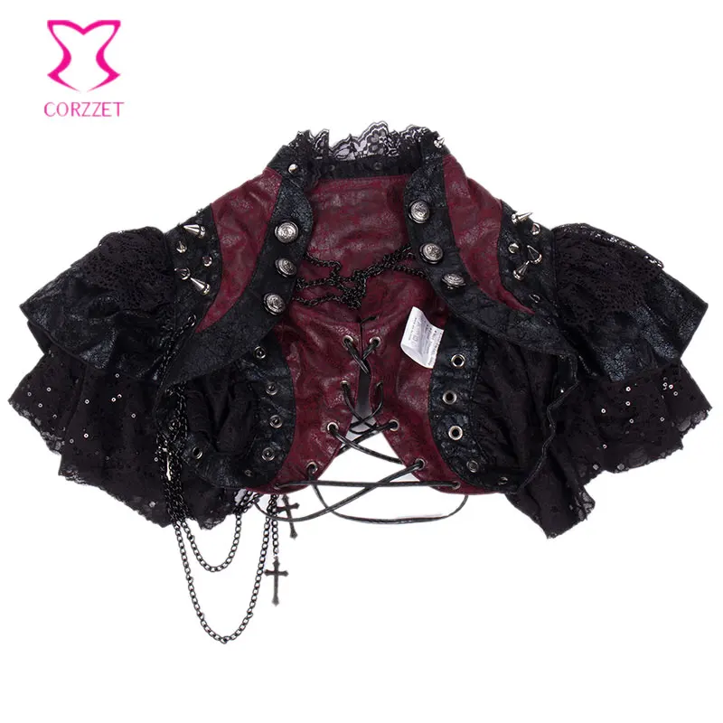Женская винтажная куртка в стиле стимпанк красная кожаная с кружевными рукавами