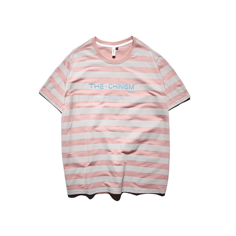 CHINISM 2018 летняя розовая и серая полосатая футболка с коротким рукавом