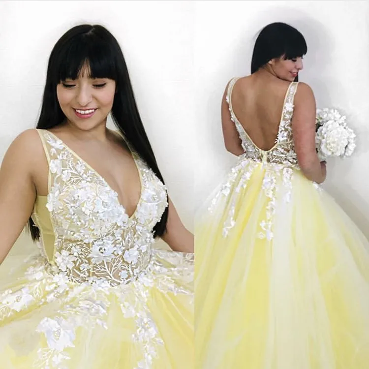 

Cinderella V-Neck Sleeveless Ball Gown Sweep Train Soft Tulle Lace Applique Backless Evening Dresses vestidos de fiesta de noche