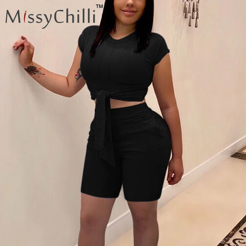 Женский трикотажный костюм MissyChilli черный короткий комбинезон на шнуровке летний