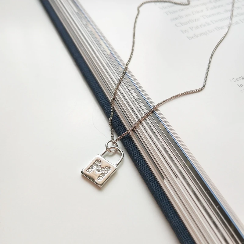 Sterling 925 silver zircon M lock necklace silver fashion wild zircon M lock letter necklace silver for women lock jewelry charm
