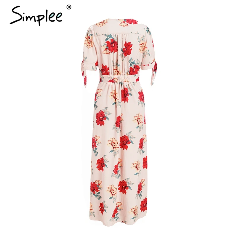 Simplee Floral print summer dress long V neck knotted short sleeve maxi women Streetwear button beach casual 2018 | Женская одежда