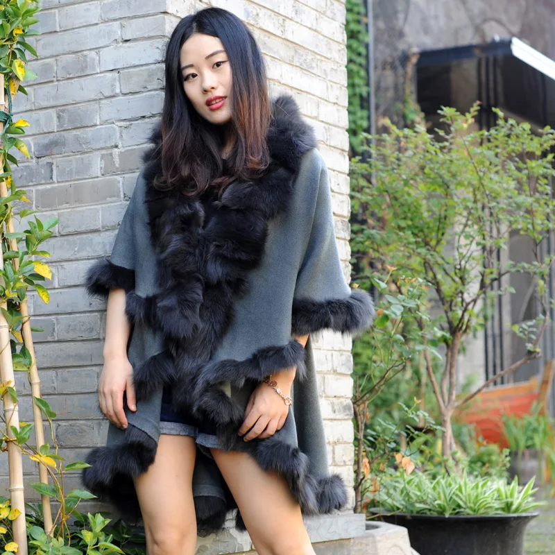 CX B P 45B Женская кашемировая шаль с отделкой из лисьего меха|fur trim cape|cashmere shawlfur cashmere