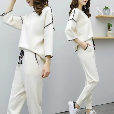 Женский весенне осенний вязаный костюм из двух предметов с длинным рукавом и