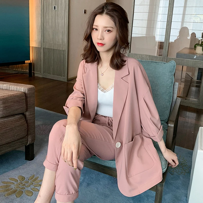

Summer Women Pant Suits Half-sleeve One Button Jacket Blazer & Elastic Waist Pencil Pants Casual Female ensemble femme 2 pieces