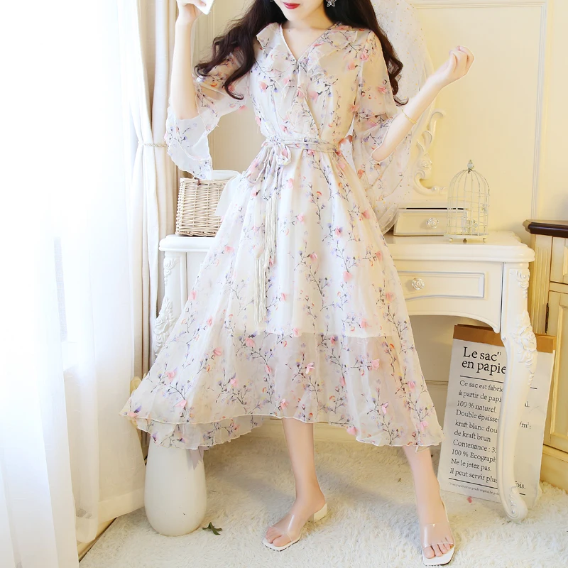 

Bohemian Chiffon Floral Dress Summer Lady V-neck Sweet Prairie Chic Slim Fairy Dress Women Dress 2019 Summer Party Beach Dresses